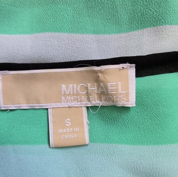 Michael Kors Semi Sheer Green, White And Black Striped Tunic Blouse. Size Small - Picture 11 of 13